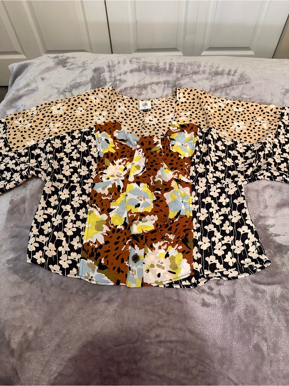 CAbi 2024 Patchwork Floral & Animal Blouse in Brown, Black & Cream Sz:M EUC